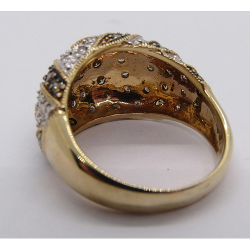 1405 - 9ct zebra print fancy coloured diamond bombe ring, stamped '0.59', size P, 6.1g