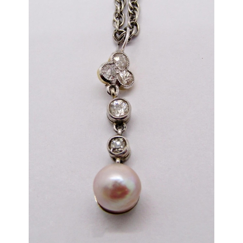 1409 - White metal drop pendant set with five diamonds and a pearl, pendant drop 3.4cm approx, hung from a ... 