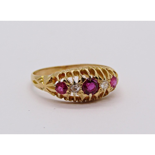 1411 - Antique 18ct ruby and diamond ring, size O, 2.3g