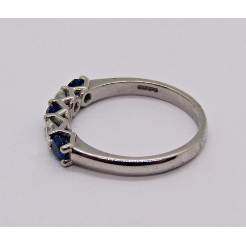 1412 - 950 platinum sapphire and diamond five stone ring, maker 'FEU', size M, 3.8g