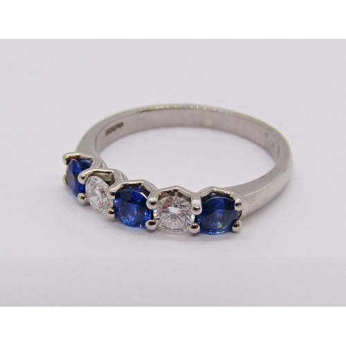 1412 - 950 platinum sapphire and diamond five stone ring, maker 'FEU', size M, 3.8g