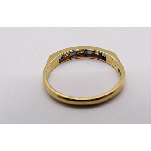 1415 - 18ct channel set sapphire and diamond ring, maker 'GSJ', size R, 3.2g