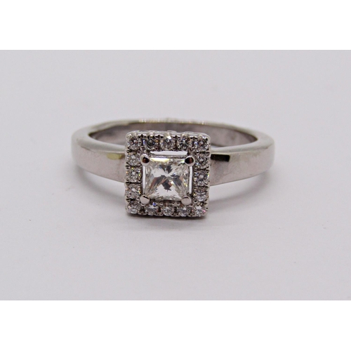 1418 - 18ct white gold princess-cut diamond cluster ring, sides of the setting pavé set with further diamon... 