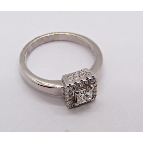 1418 - 18ct white gold princess-cut diamond cluster ring, sides of the setting pavé set with further diamon... 