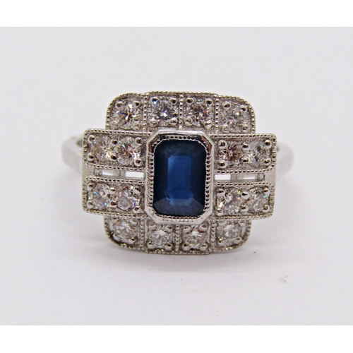 1419 - Art Deco style 950 platinum sapphire and diamond ring, size M/N, 5g