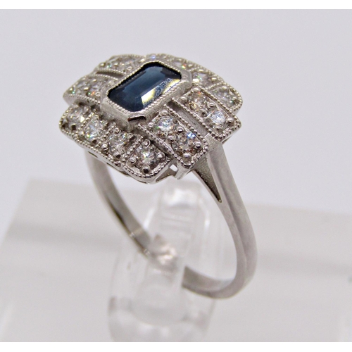 1419 - Art Deco style 950 platinum sapphire and diamond ring, size M/N, 5g