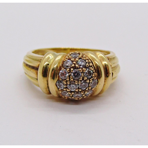 1420 - French 18ct bombe type ring pavé set with white stones, size L/M, 7g