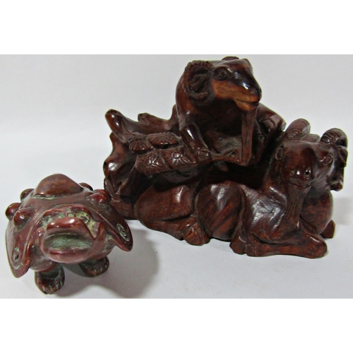 1733 - A Chinese carved wooden ink stand with goats, a clay Chinese teapot on a box, a copper Chinese three... 