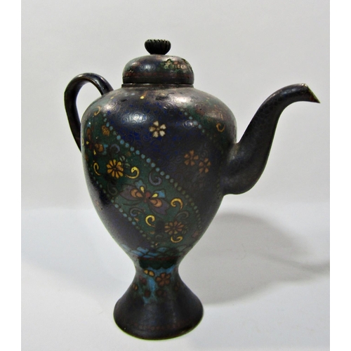 1742A - A small slender Japanese cloisonné teapot with butterflies and flower decoration on a waisted base, ... 