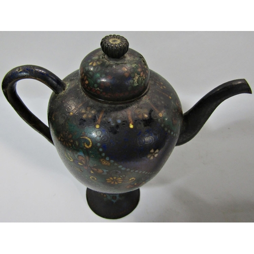 1742A - A small slender Japanese cloisonné teapot with butterflies and flower decoration on a waisted base, ... 