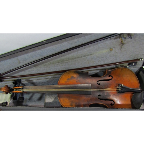 1796 - An old violin, bearing no label, in need of restoration, back 36cm 59cm overall with two bows one ma... 