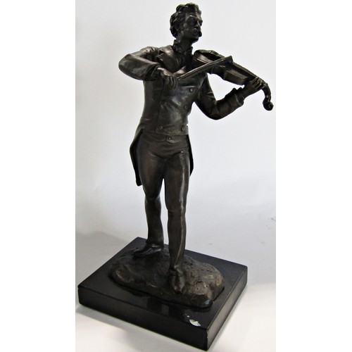 1671 - A bronze statue of a violinist, signed Milo, raised on a black marble plinth, 20cm tall, and a bronz... 