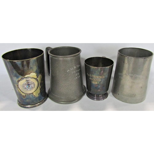 1768 - A selection of pewter and silver plated tankards together with some masonic items including  aprons,... 