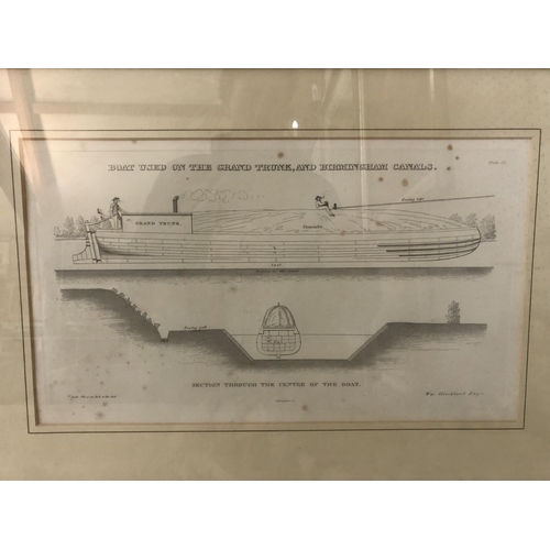 164 - Two engravings: William Strickland - 'Boat used on the Grand Trunk, and Birmingham Canals', 23 x 41 ... 