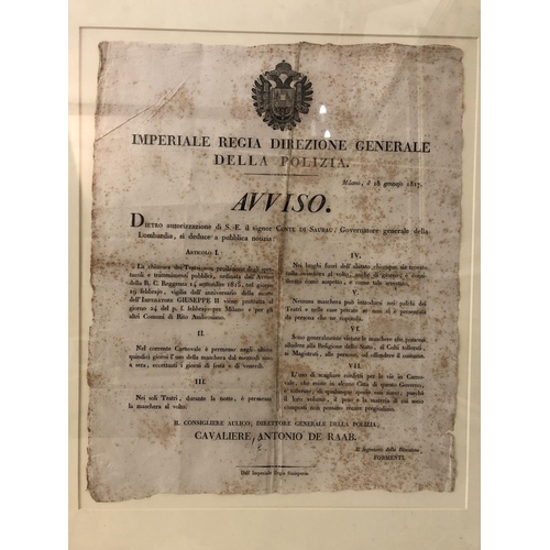 167 - An Italian Printed Broadsheet dated January 18th 1817 relating to a decree by the Governor General o... 