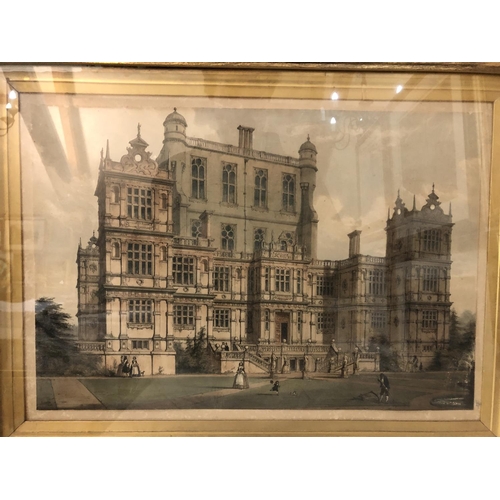 172 - Four framed prints: Joseph Nash, View of the Wollaton Hall, with a gardener cleaning by a fountain i... 