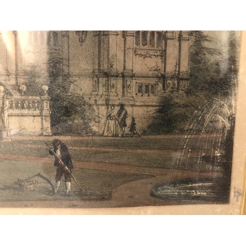 172 - Four framed prints: Joseph Nash, View of the Wollaton Hall, with a gardener cleaning by a fountain i... 