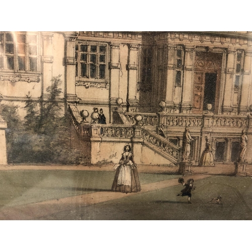 172 - Four framed prints: Joseph Nash, View of the Wollaton Hall, with a gardener cleaning by a fountain i... 