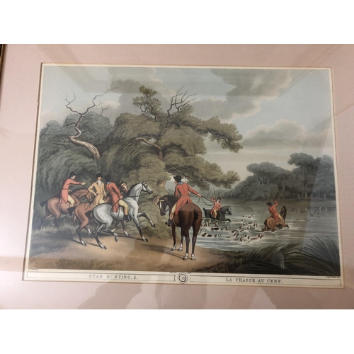 186A - After Godby & Merke - Pair of gilt framed hunting prints: 'Stag Hunting 2, La Chasse Au Cerf', and '... 