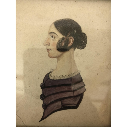 188 - Georgian quarter profile portrait of a lady, watercolour on paper, approx. 8 x 10 cm, framed and gla... 