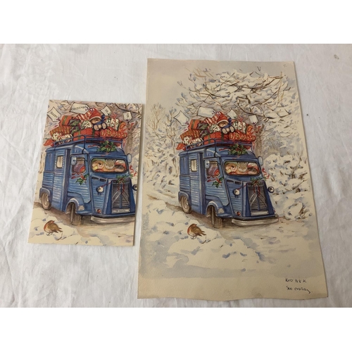 195A - Kate Veale - Two original watercolours for Christmas Cards together with printed cards, approx. 28 x... 