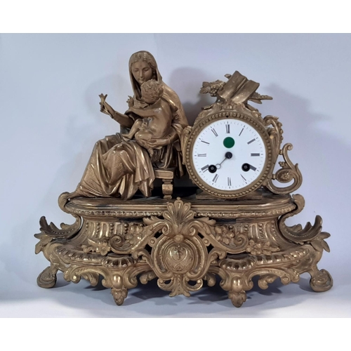 1515 - 19th century gilt brass mantle clock, the decorative case showing mother and child with eight day st... 