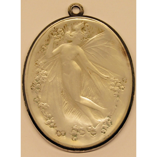 1172 - A Rene Lalique oval glass pendant of Psyche with a mirror to the reverse, 8cm.