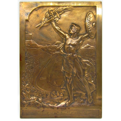 1824 - 1906 Olympic bronze designed by P Vannier showing a view of the Olympic Stadium with an athlete in t... 