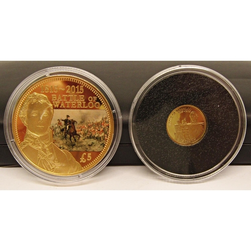 472 - Proof like 9ct coin and a gold plated £5 coin commemorating the 200th Anniversary of the Battle of W... 