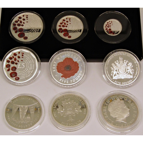 491 - Proof set 2018 Remembrance Day coin collection, £5, £2 and £1, cased, 2018  In Flanders Fields Alder... 