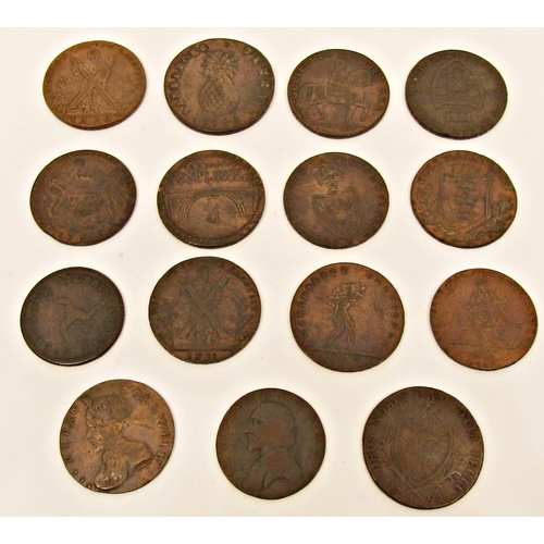 534 - 15 Georgian bronze trade Tokens, Liverpool, Isle of Man, Cornish, Edinburgh, Manchester, Hill, Irish... 