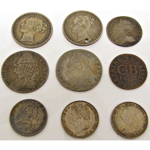 535 - George II silver sixpence 1758 another 1745, Queen Anna, George 4th and Victorian coinage and a bron... 