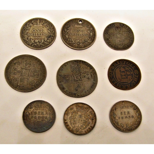 535 - George II silver sixpence 1758 another 1745, Queen Anna, George 4th and Victorian coinage and a bron... 