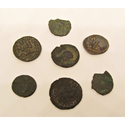 536 - Seven bronze Roman coins with historical detailing regarding three