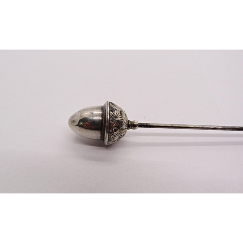 1439 - Pair of Edwardian silver hat pins with acorn terminals, contained in a fitted period case