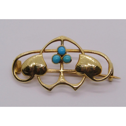 1342 - Art Nouveau yellow metal and turquoise brooch attributed to Liberty & Co., 3.3 x 1.8cm approx, 2.9g,... 