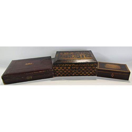 1820 - A 19th century Chinese design box with black and gold lacquered finish, a burgundy red leather bound... 