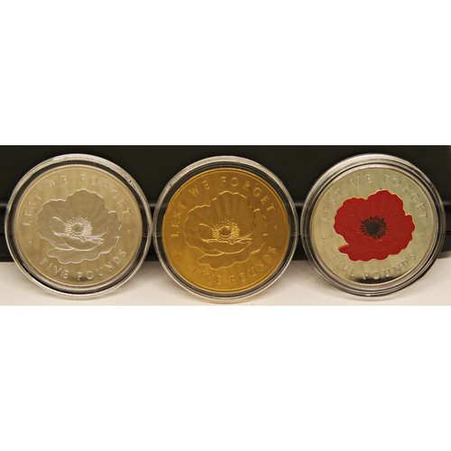 516 - Remembrance Day £5 collection - 3 coins, Tristan Da Cunha 2016 cased, D Day 75 by Land, Sea & Air 