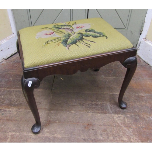 2787 - A Georgian style stool with hand worked tapestry top on shaped supports, two small mahogany towel ra... 