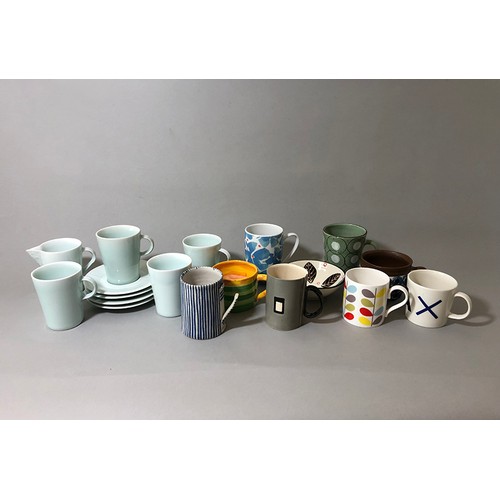 204 - Collection of mugs, saucers and a bowl to include: Sue Binn - blue stripe glazed mug; 'AM' marked mo... 