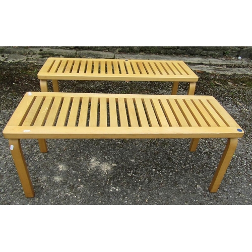 230 - ALVAR AALTO FOR ARTEK: A PAIR OF ‘153A’ BENCHES, birch bent plywood, applied “Blidners” paper label,... 