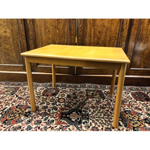 213 - MID CENTURY COFFEE TABLE, with cylindrical legs, blondwood, indistinct stamp underneath, height: 48.... 