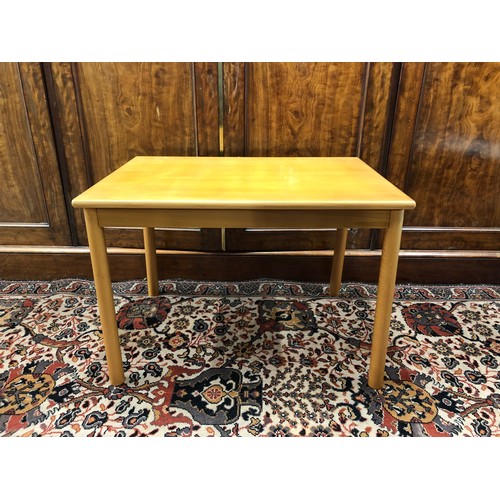 213 - MID CENTURY COFFEE TABLE, with cylindrical legs, blondwood, indistinct stamp underneath, height: 48.... 