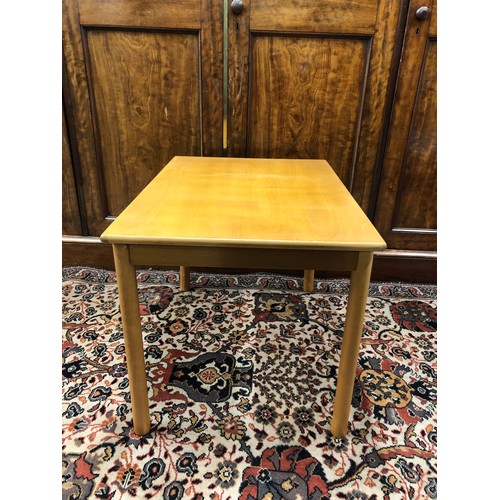 213 - MID CENTURY COFFEE TABLE, with cylindrical legs, blondwood, indistinct stamp underneath, height: 48.... 