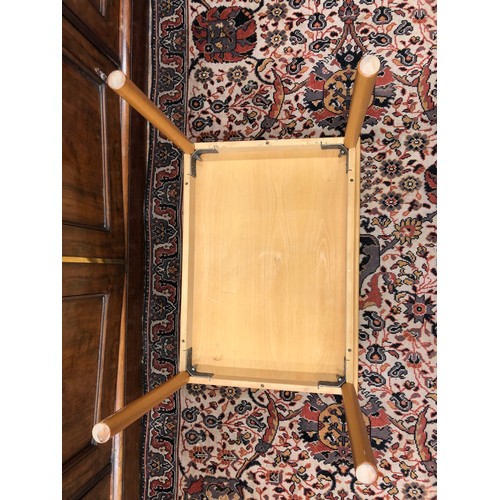 213 - MID CENTURY COFFEE TABLE, with cylindrical legs, blondwood, indistinct stamp underneath, height: 48.... 