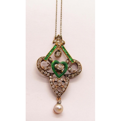 1305 - Fine Art Nouveau diamond, emerald and pearl pendant necklace in the manner of Child & Child, with em... 