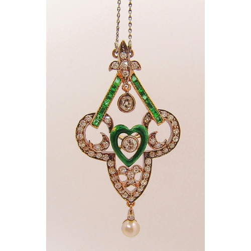 1305 - Fine Art Nouveau diamond, emerald and pearl pendant necklace in the manner of Child & Child, with em...