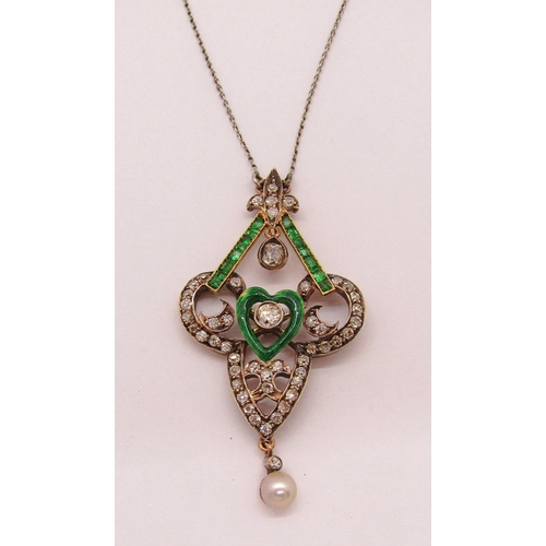 1305 - Fine Art Nouveau diamond, emerald and pearl pendant necklace in the manner of Child & Child, with em... 