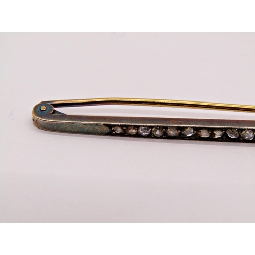 1306 - French antique bar brooch set with twenty-three rose-cut diamonds in bi-colour metal, 7.7cm long app... 