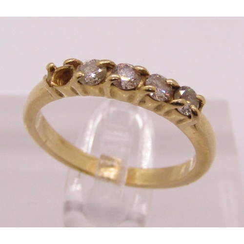 1309 - Yellow metal five stone diamond ring, stamps worn, size M, 2.5g (one stone vacant)